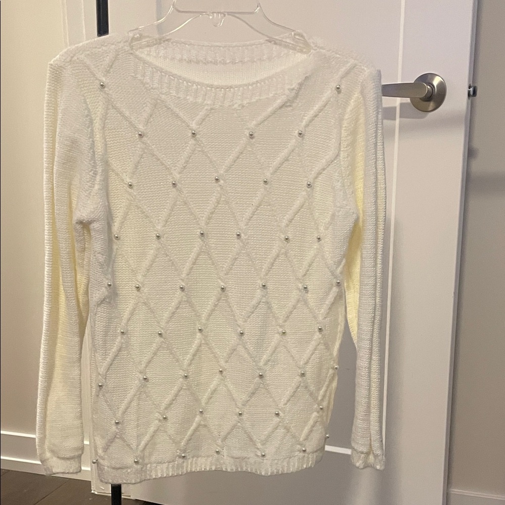 Chic White Sweater with Pearl Details